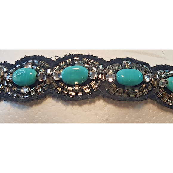 Vintage Rhinestone Turquoise Beaded Applique Headband Stretchy Hair Band OSFM - Picture 6 of 8